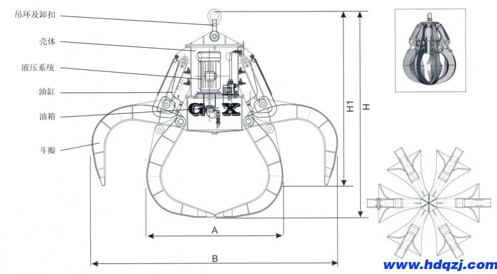 DYZ電動(dòng)液壓多瓣抓斗外形尺寸圖